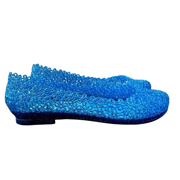Skidders Shoes - Blue Crystal Jelly Floral 8 Glitter Retro 80's Beach Party Summer Sparkly Flats